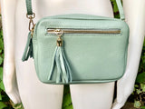 Small sage green leather bag. GENUINE leather shoulder / cross body bag. Light green leather purse with tassels, adjustable strap and zipper