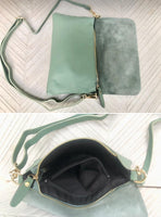 Small leather bag in sage green. GENUINE leather cross body / shoulder bag in light green leather bag with adjustable strap, zipper and flap