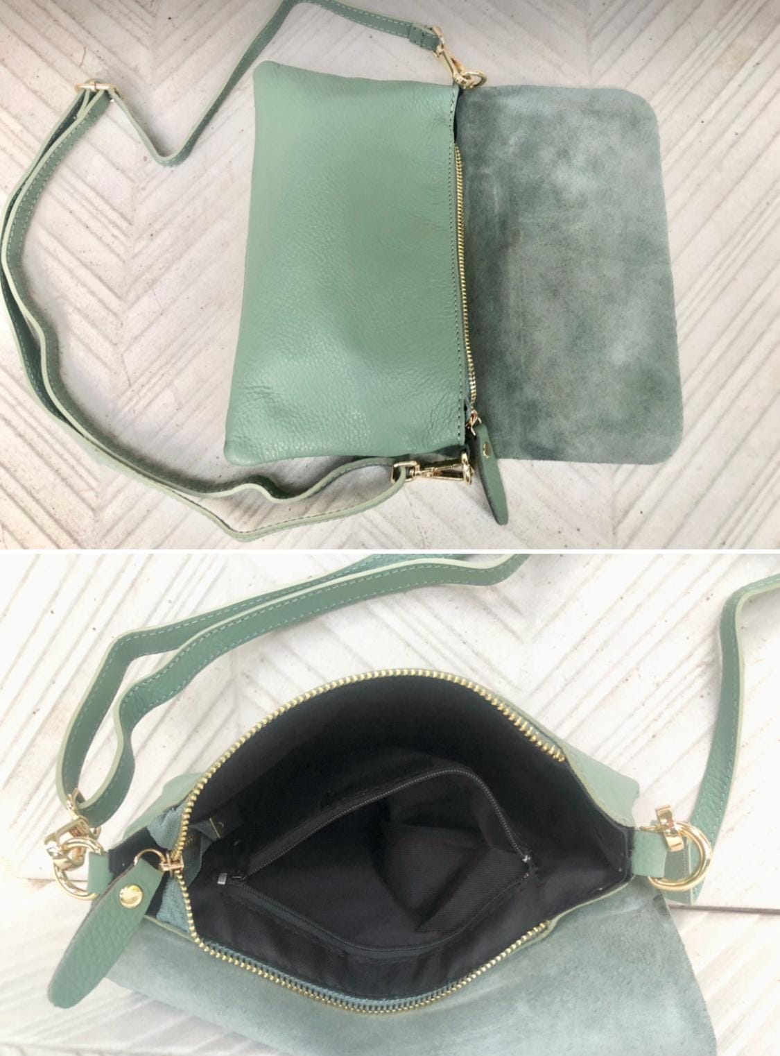 Small leather bag in sage green. GENUINE leather cross body / shoulder bag in light green leather bag with adjustable strap, zipper and flap