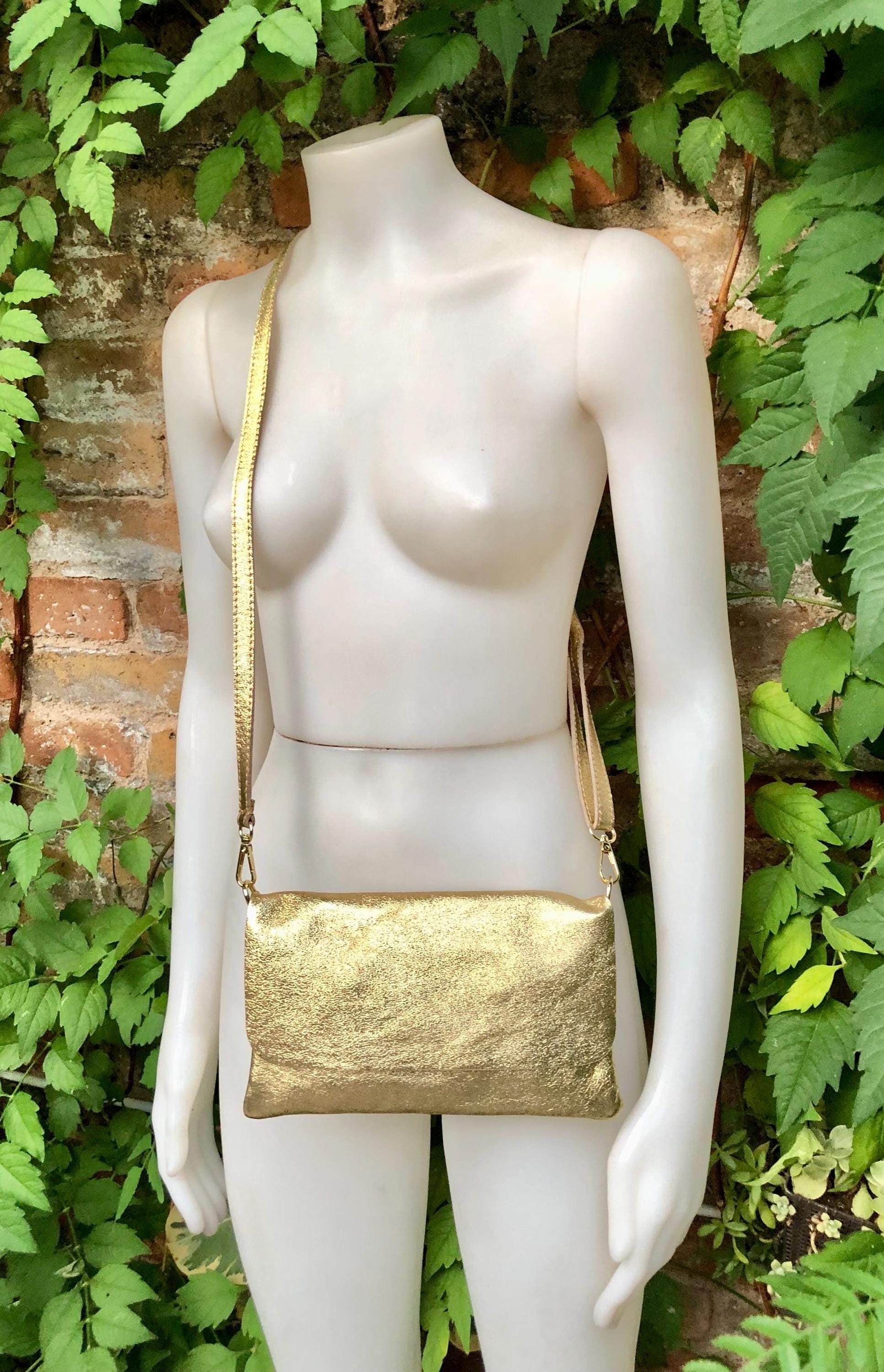 Small leather bag in GOLD. Cross body bag, shoulder bag in GENUINE leather. Metallic shine bag with adjustable strap, zipper and flap.