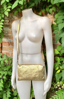 Small leather bag in GOLD. Cross body bag, shoulder bag in GENUINE leather. Metallic shine bag with adjustable strap, zipper and flap.