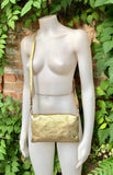 Small leather bag in GOLD. Cross body bag, shoulder bag in GENUINE leather. Metallic shine bag with adjustable strap, zipper and flap.