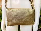 Small leather bag in GOLD. Cross body bag, shoulder bag in GENUINE leather. Metallic shine bag with adjustable strap, zipper and flap.