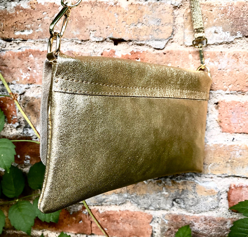 Small leather bag in GOLD. Cross body bag, shoulder bag in GENUINE leather. Metallic shine bag with adjustable strap, zipper and flap.