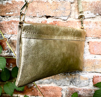 Small leather bag in GOLD. Cross body bag, shoulder bag in GENUINE leather. Metallic shine bag with adjustable strap, zipper and flap.