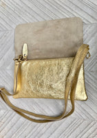 Small leather bag in GOLD. Cross body bag, shoulder bag in GENUINE leather. Metallic shine bag with adjustable strap, zipper and flap.