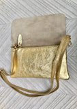 Small leather bag in GOLD. Cross body bag, shoulder bag in GENUINE leather. Metallic shine bag with adjustable strap, zipper and flap.