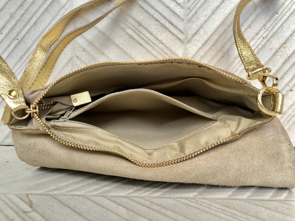 Small leather bag in GOLD. Cross body bag, shoulder bag in GENUINE leather. Metallic shine bag with adjustable strap, zipper and flap.