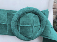GREEN waist belt with large round buckle. Gren boho soft suede wide belt Genuine natural green suede leather. Green braided dress belt