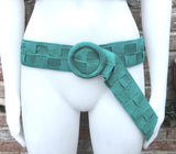 GREEN waist belt with large round buckle. Gren boho soft suede wide belt Genuine natural green suede leather. Green braided dress belt