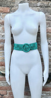GREEN waist belt with large round buckle. Gren boho soft suede wide belt Genuine natural green suede leather. Green braided dress belt