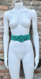 GREEN waist belt with large round buckle. Gren boho soft suede wide belt Genuine natural green suede leather. Green braided dress belt