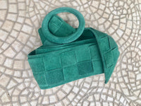 GREEN waist belt with large round buckle. Gren boho soft suede wide belt Genuine natural green suede leather. Green braided dress belt