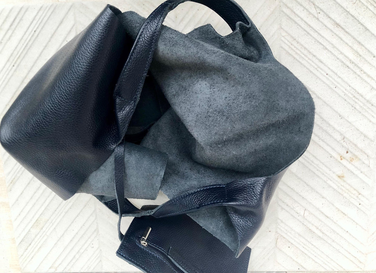 Genuine leather shoulder bag in NAVY blue. Large blue purse. Soft leather dark blue shopper bag.