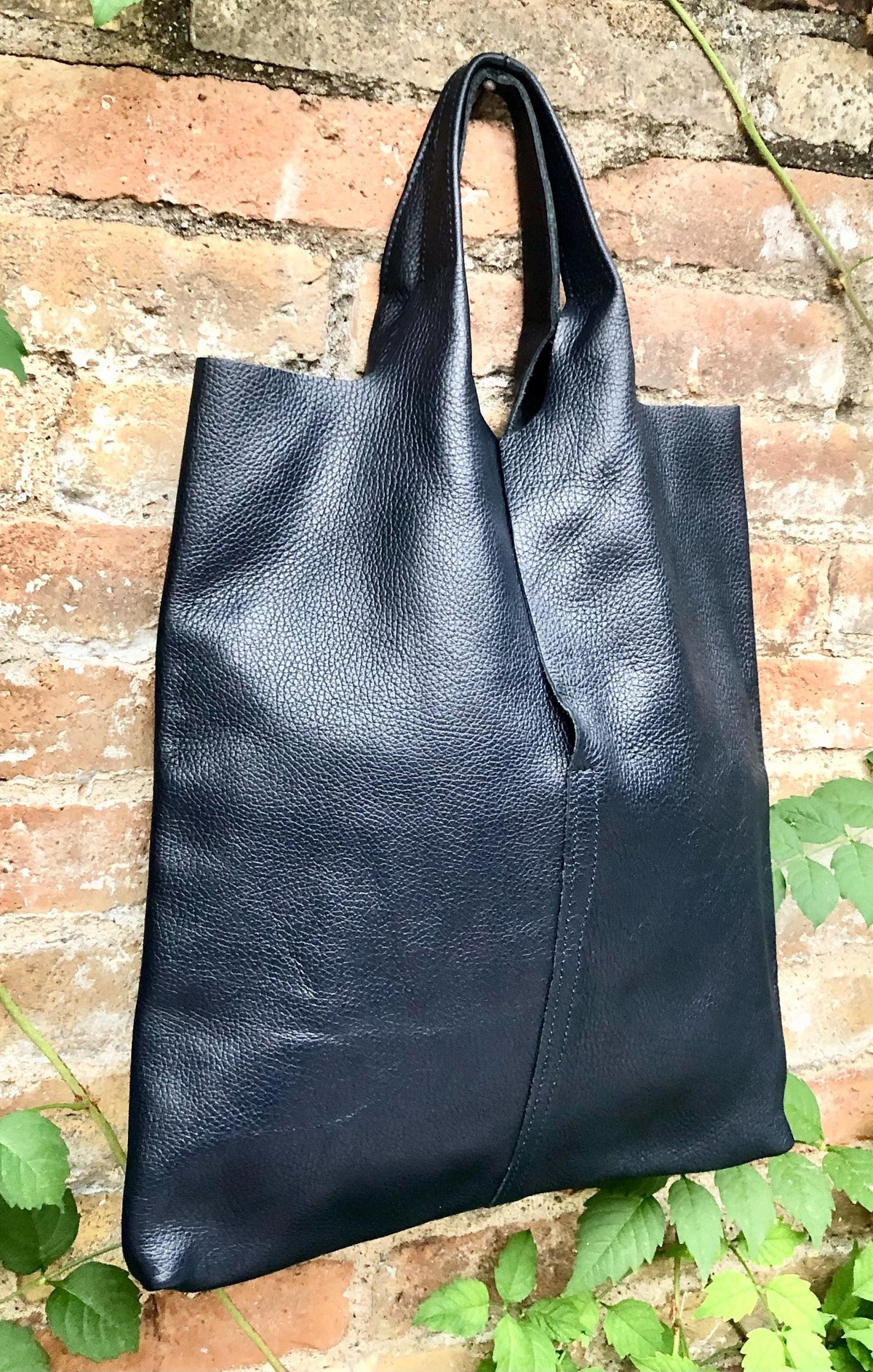Genuine leather shoulder bag in NAVY blue. Large blue purse. Soft leather dark blue shopper bag.