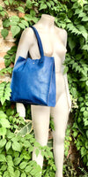 Tote leather bag in cobalt blue. Soft natural genuine leather shopper bag. Dark royal blue leather shoulder bag. Blue leather purse.