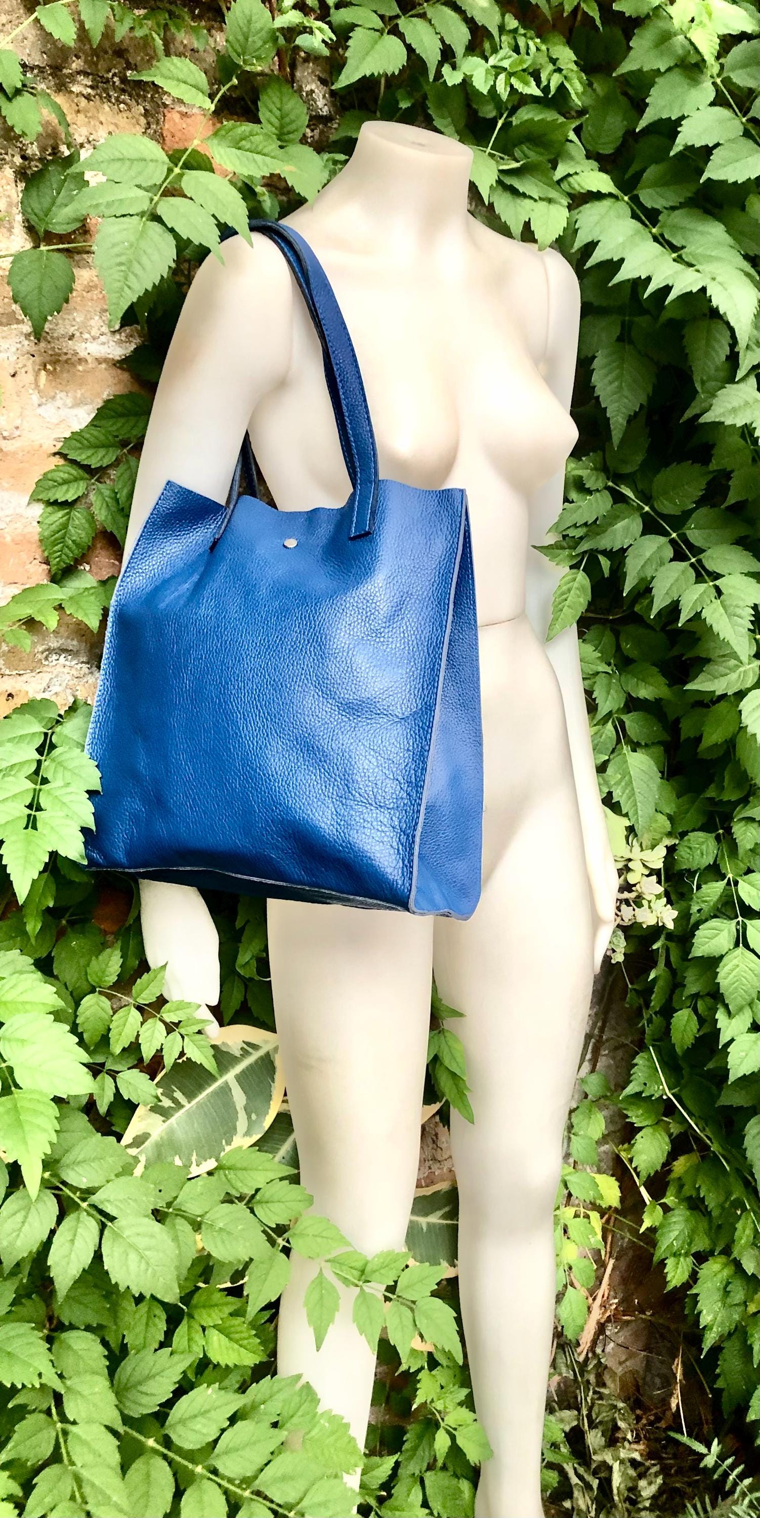 Tote leather bag in cobalt blue. Soft natural genuine leather shopper bag. Dark royal blue leather shoulder bag. Blue leather purse.