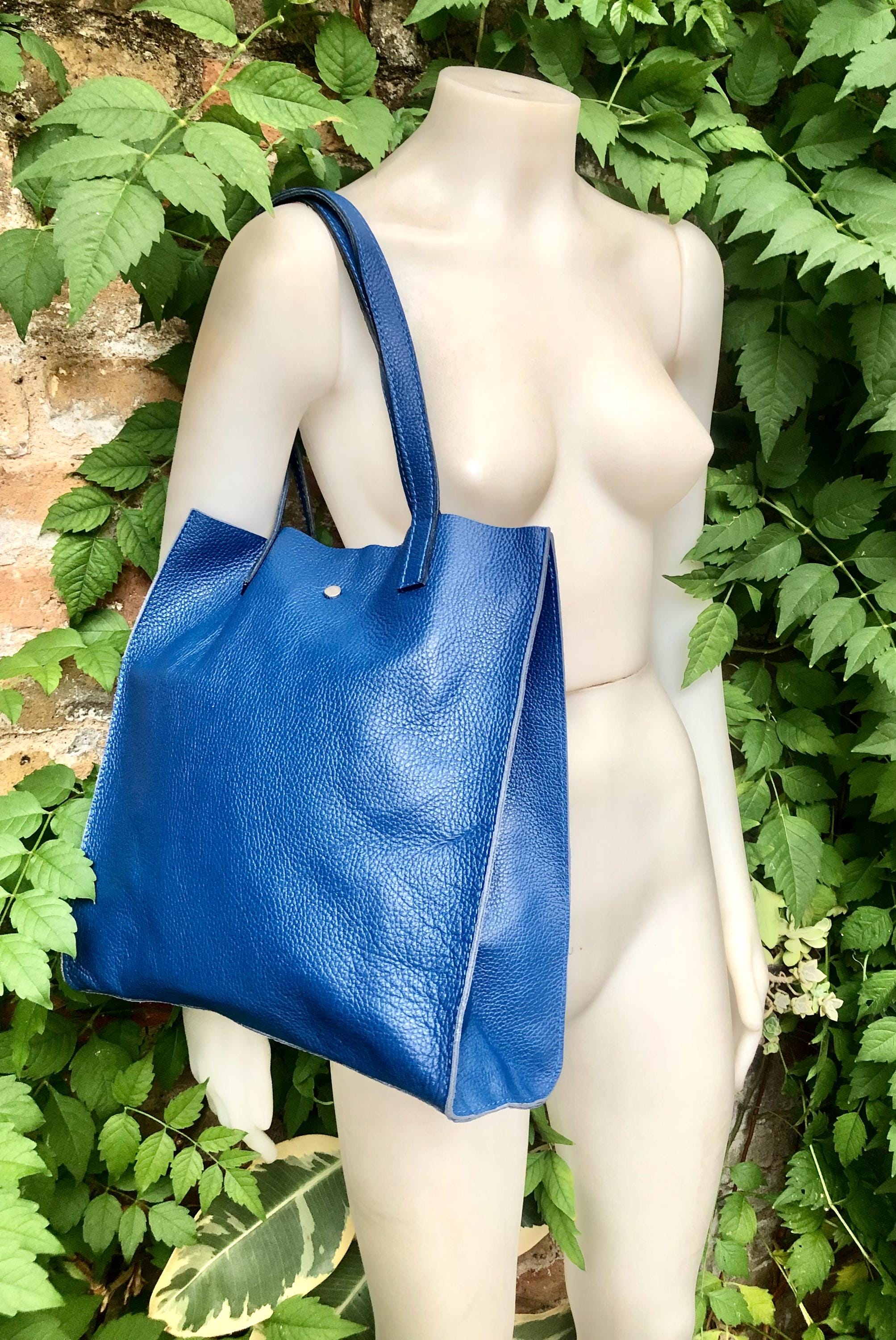 Tote leather bag in cobalt blue. Soft natural genuine leather shopper bag. Dark royal blue leather shoulder bag. Blue leather purse.