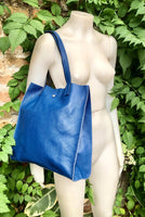Tote leather bag in cobalt blue. Soft natural genuine leather shopper bag. Dark royal blue leather shoulder bag. Blue leather purse.