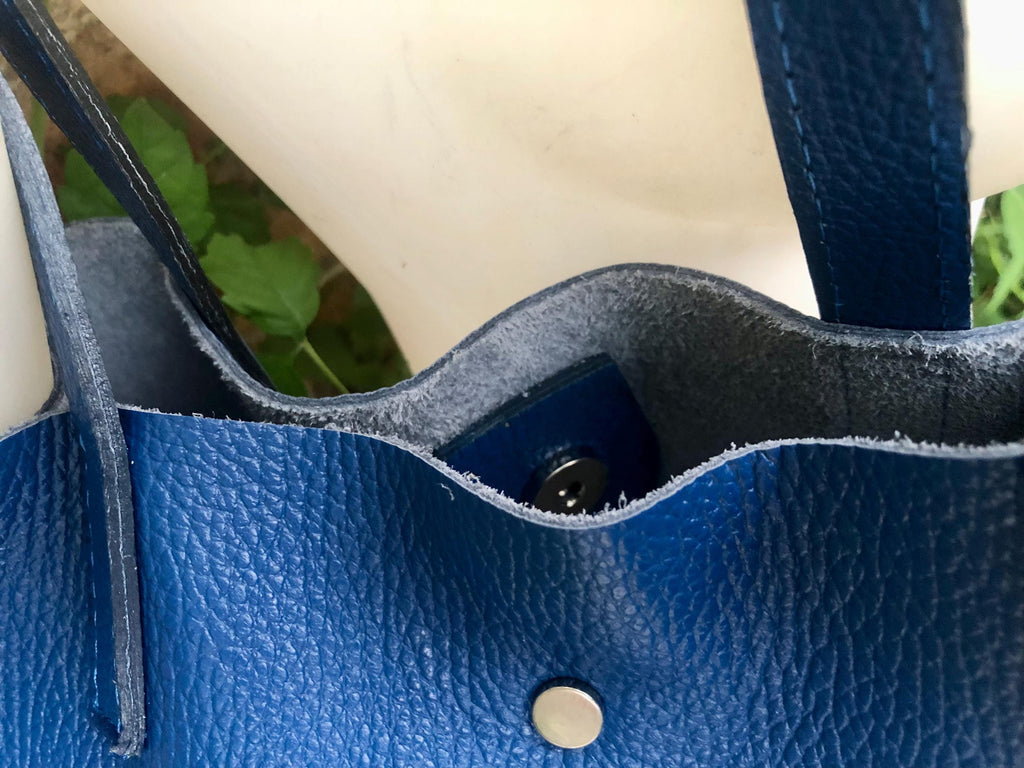 Tote leather bag in cobalt blue. Soft natural genuine leather shopper bag. Dark royal blue leather shoulder bag. Blue leather purse.
