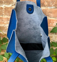 Tote leather bag in cobalt blue. Soft natural genuine leather shopper bag. Dark royal blue leather shoulder bag. Blue leather purse.