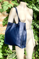 Tote leather bag in dark blue. Soft natural genuine leather shopper bag. Navy blue leather shoulder bag. Blue leather purse.