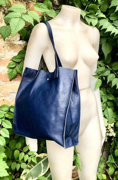 Tote leather bag in dark blue. Soft natural genuine leather shopper bag. Navy blue leather shoulder bag. Blue leather purse.