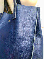 Tote leather bag in dark blue. Soft natural genuine leather shopper bag. Navy blue leather shoulder bag. Blue leather purse.