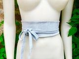 Light blue suede waist belt. Powder blue wrap belt. Blue soft dress belt in natural genuine suede leather. Blue wraparound overall belt.