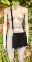 Cross body bag. BOHO suede leather bag in BLACK with FRINGES. Messenger bag in soft genuine suede leather.Black crossbody hippy bag