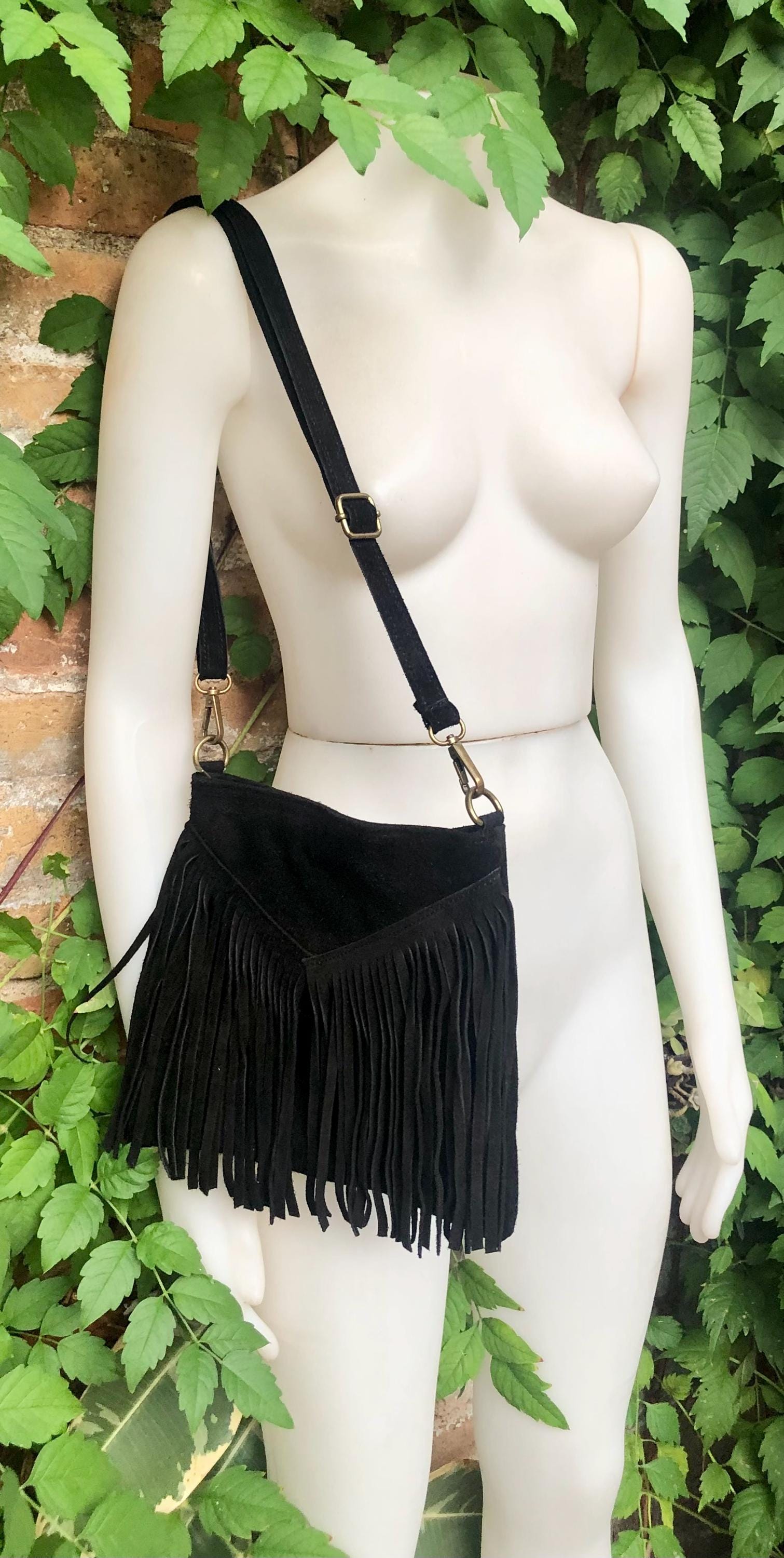 Cross body bag. BOHO suede leather bag in BLACK with FRINGES. Messenger bag in soft genuine suede leather.Black crossbody hippy bag