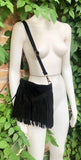 Cross body bag. BOHO suede leather bag in BLACK with FRINGES. Messenger bag in soft genuine suede leather.Black crossbody hippy bag