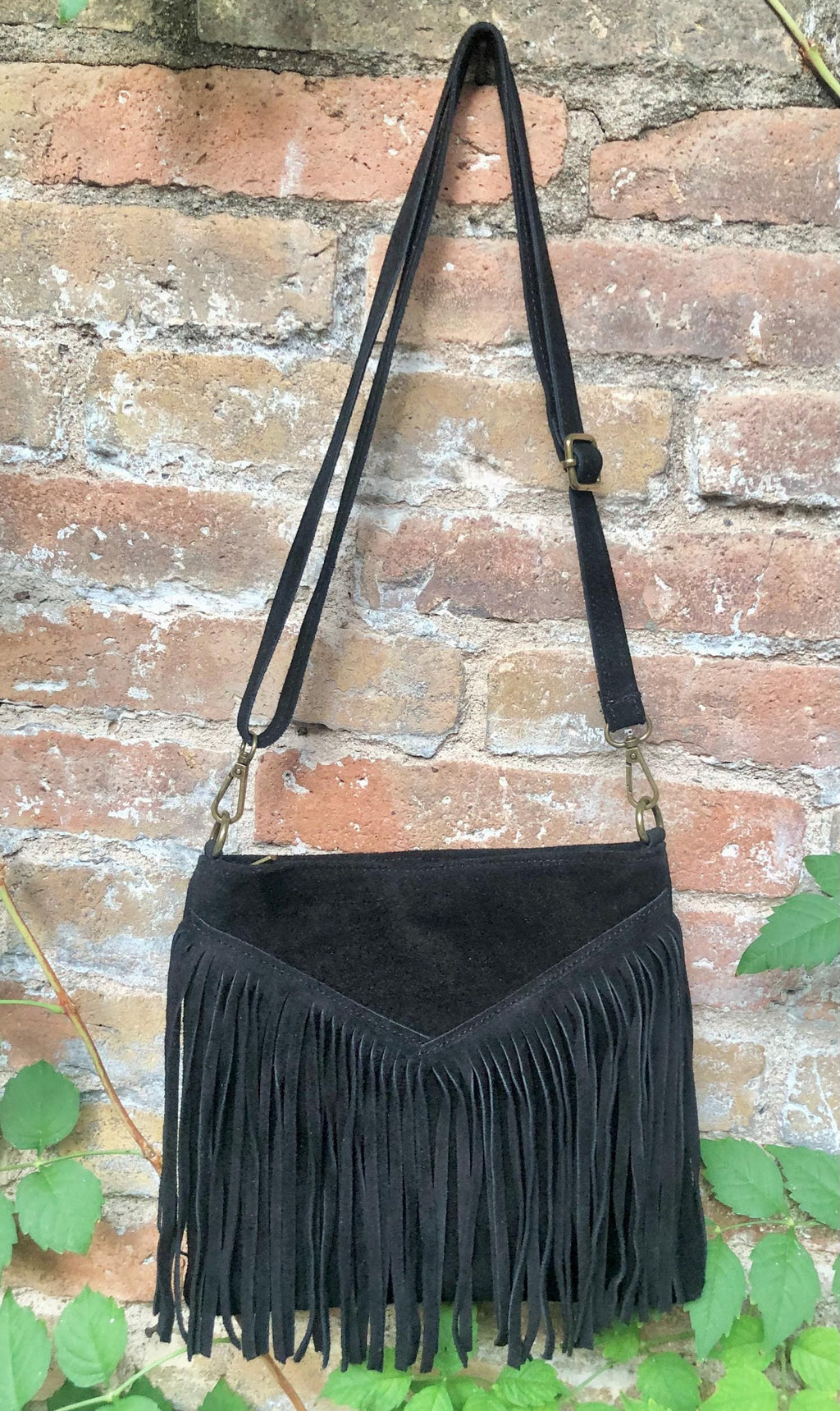 Cross body bag. BOHO suede leather bag in BLACK with FRINGES. Messenger bag in soft genuine suede leather.Black crossbody hippy bag