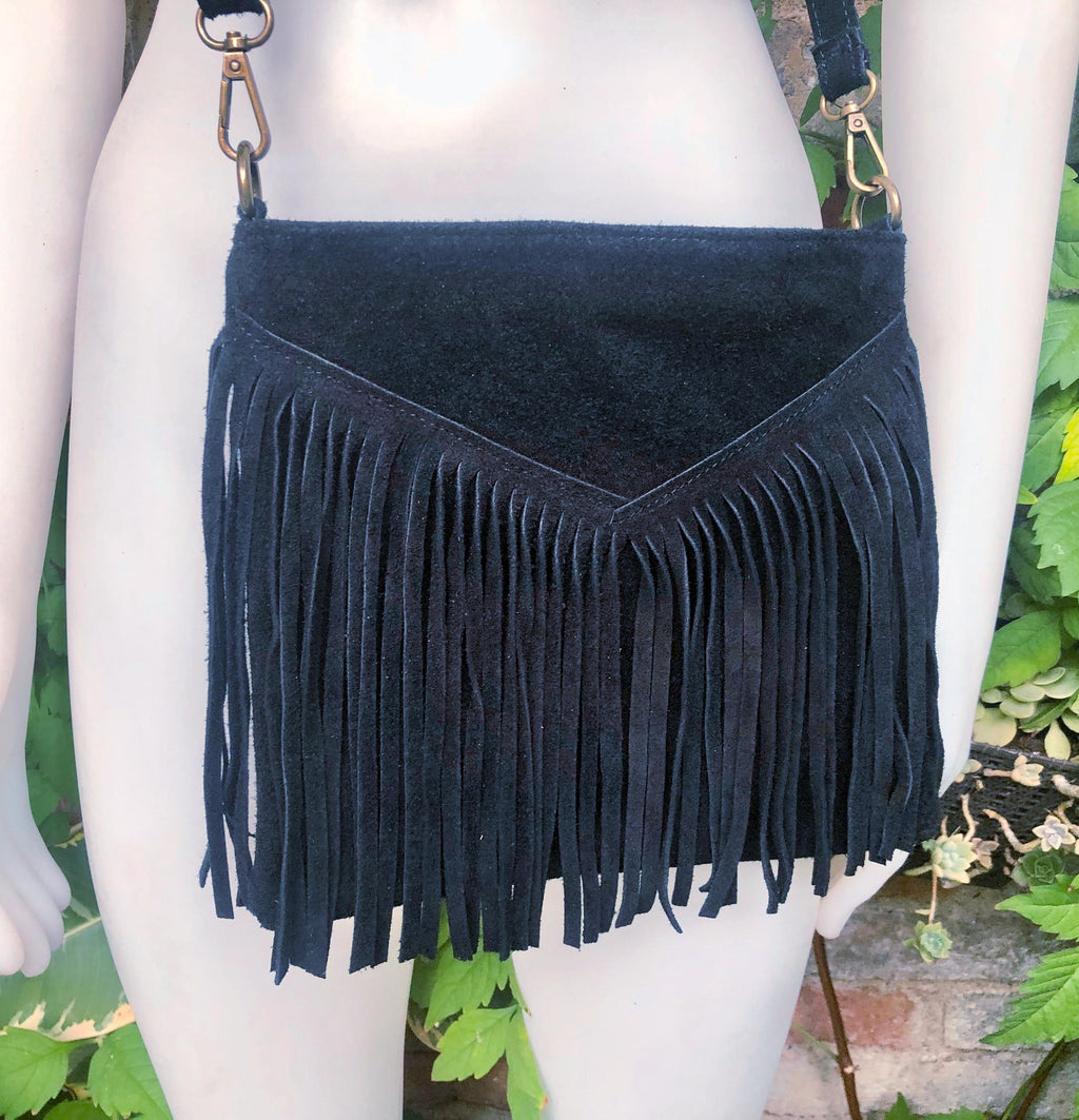Cross body bag. BOHO suede leather bag in BLACK with FRINGES. Messenger bag in soft genuine suede leather.Black crossbody hippy bag