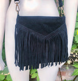 Cross body bag. BOHO suede leather bag in BLACK with FRINGES. Messenger bag in soft genuine suede leather.Black crossbody hippy bag
