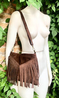 Cross body bag. BOHO suede leather bag in dark BROWN with FRINGES. Messenger bag in soft genuine suede leather. Crossbody hippy bag