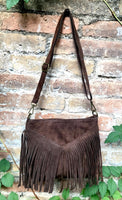 Cross body bag. BOHO suede leather bag in dark BROWN with FRINGES. Messenger bag in soft genuine suede leather. Crossbody hippy bag