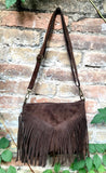 Cross body bag. BOHO suede leather bag in dark BROWN with FRINGES. Messenger bag in soft genuine suede leather. Crossbody hippy bag