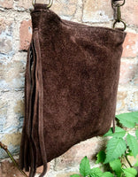 Cross body bag. BOHO suede leather bag in dark BROWN with FRINGES. Messenger bag in soft genuine suede leather. Crossbody hippy bag