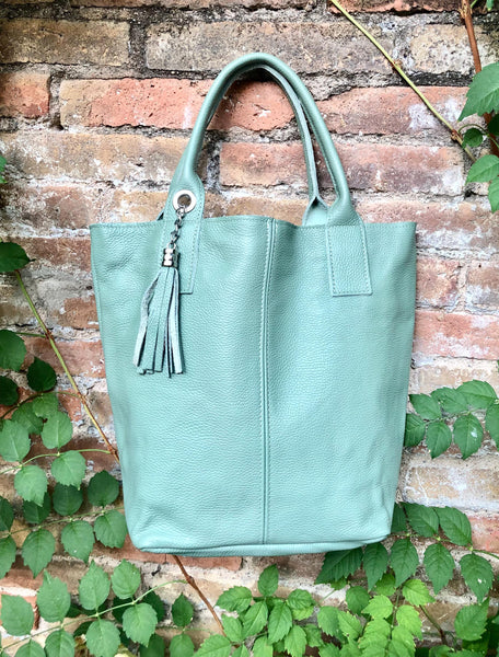 Sage GREEN tote leather bag. Genuine leather shopper. Large carry all bag for your laptop / books. Light green shoulder bag. Mint purse