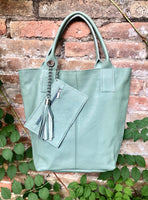 Sage GREEN tote leather bag. Genuine leather shopper. Large carry all bag for your laptop / books. Light green shoulder bag. Mint purse