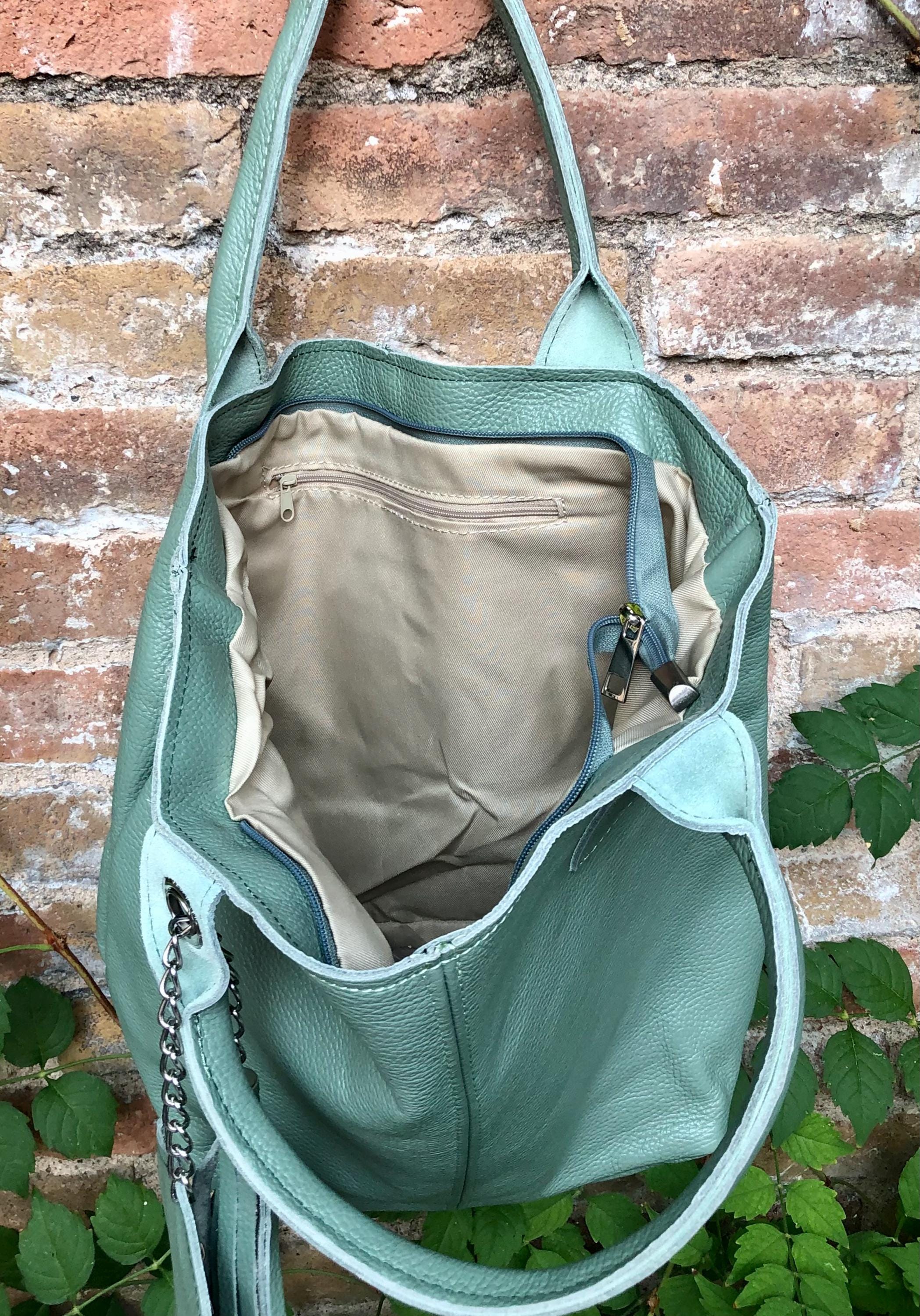Sage GREEN tote leather bag. Genuine leather shopper. Large carry all bag for your laptop / books. Light green shoulder bag. Mint purse