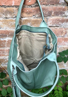Sage GREEN tote leather bag. Genuine leather shopper. Large carry all bag for your laptop / books. Light green shoulder bag. Mint purse