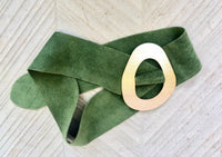 Moss green genuine suede leather waist belt with gold color large buckle. Boho soft green suede wide belt. Green wide dress /overall belt.