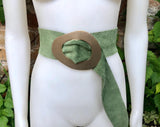 Moss green genuine suede leather waist belt with gold color large buckle. Boho soft green suede wide belt. Green wide dress /overall belt.