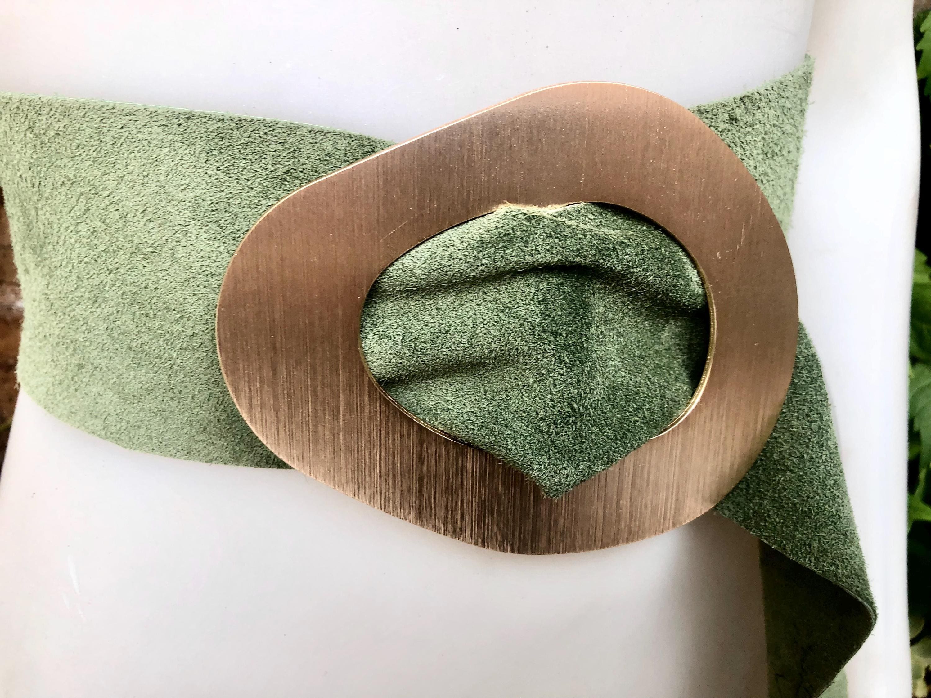 Moss green genuine suede leather waist belt with gold color large buckle. Boho soft green suede wide belt. Green wide dress /overall belt.