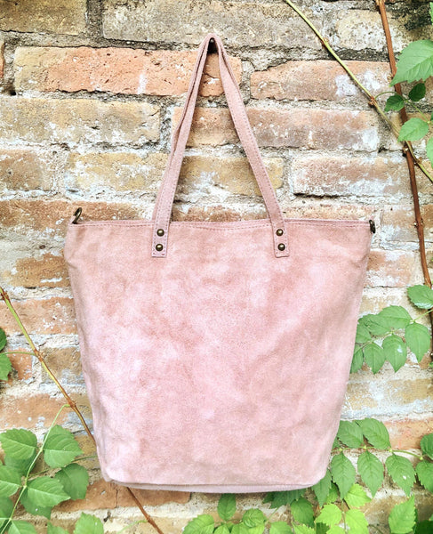 Dusty pink TOTE leather bag with removable crossbody strap. Soft natural genuine suede leather bag with lining. Pink laptop / tablet bag