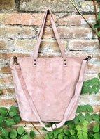 Dusty pink TOTE leather bag with removable crossbody strap. Soft natural genuine suede leather bag with lining. Pink laptop / tablet bag