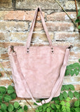 Dusty pink TOTE leather bag with removable crossbody strap. Soft natural genuine suede leather bag with lining. Pink laptop / tablet bag