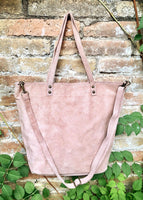 Dusty pink TOTE leather bag with removable crossbody strap. Soft natural genuine suede leather bag with lining. Pink laptop / tablet bag